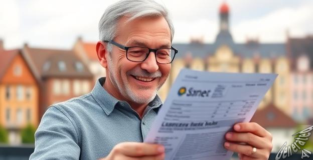 Un jubilado alemán sonriendo mientras mira un estado de cuenta con una gran cantidad de dinero, con un fondo de una ciudad alemana