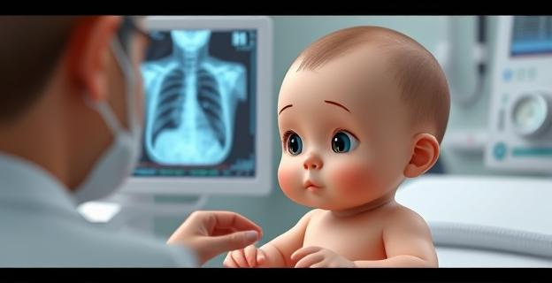 Imagen de un bebé en un ambiente médico con un médico examinando una radiografía o una imagen de diagnóstico, sin mostrar rostros ni nombres propios. El fondo podría incluir elementos como historiales médicos y equipo de diagnóstico.