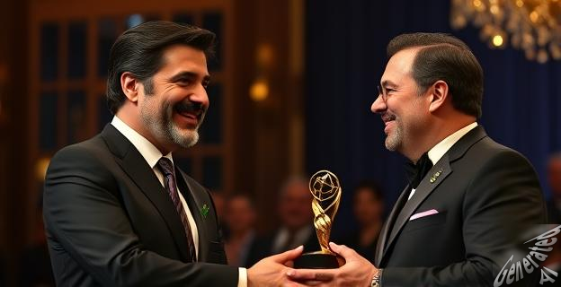 Un hombre con traje sonriendo mientras recibe un premio de manos de otro hombre en un evento en Nueva York.