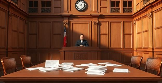 Una sala de justicia con un juez sentado en el estrado, con un ambiente serio y documentos judiciales esparcidos sobre la mesa.