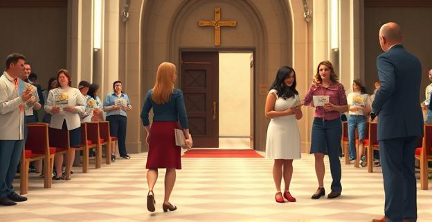 Una escena en una iglesia con personas saliendo de una misa y dos mujeres con carteles en la puerta siendo increpadas por un hombre