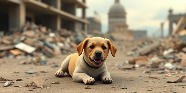Una imagen de un perro perdido en una zona de desastre natural, con un fondo de escombros y destrucción.