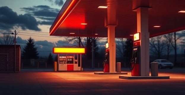 Una gasolinera al atardecer, bañada en luces cálidas y reflejos. De unos altavoces discretos, emana una melodía clásica que parece distorsionar el aire a su alrededor. No hay personas visibles, solo la atmósfera de un lugar donde la música no es bienvenida.