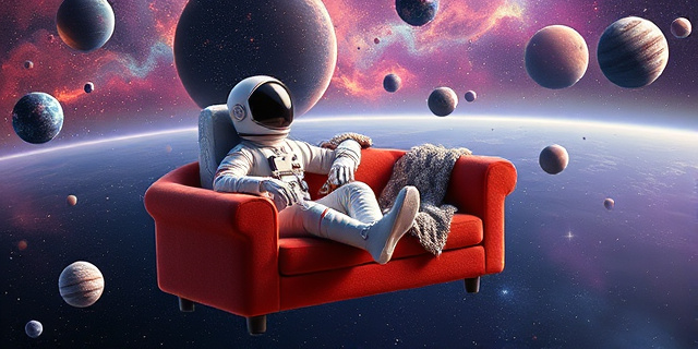 Una ilustración conceptual que contraste la guerra espacial con la comodidad. Un astronauta sentado en un sofá mullido y colorido, envuelto en una manta tejida, flotando en el vacío del espacio profundo. A su lado, una taza de café humeante flota en gravedad cero. Al fondo, nebulosas en tonos pastel y planetas tranquilos, evitando cualquier elemento de combate o violencia.