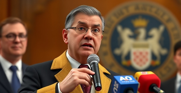 Imagen de un alcalde en una rueda de prensa, con un micrófono en mano y una expresión seria, mientras que al fondo se ve un escudo o logotipo institucional. No se ven caras de personas reales.