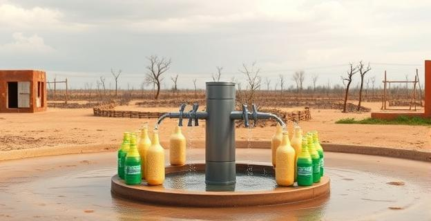 Imagen de una fuente provisional con varios grifos en una plaza rural, con botellas y recipientes alrededor esperando ser llenados. Al fondo se ve una zona calcinada y un cielo gris