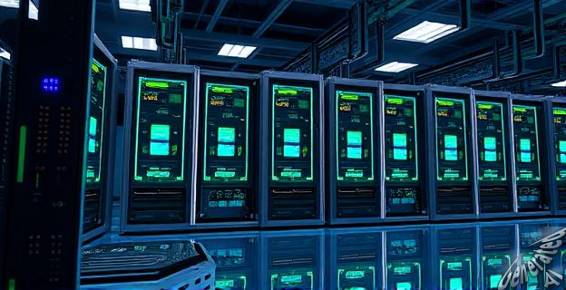 Una imagen de un sistema de computación de alta potencia con múltiples procesadores trabajando en paralelo, con una arquitectura de conexión avanzada y un gran consumo de energía, en un entorno de conferencia de inteligencia artificial.