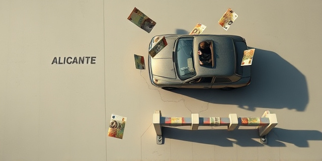 Una ilustración conceptual y satírica. Un coche viejo y desgastado visto desde arriba, donde las sombras de los pasajeros se transforman en billetes de euro que vuelan hacia el conductor. El coche está situado sobre un mapa minimalista que une Alicante y Francia, con una barrera fronteriza hecha de billetes enrollados. Estilo editorial de revista, colores contrastados, atmósfera irónica.