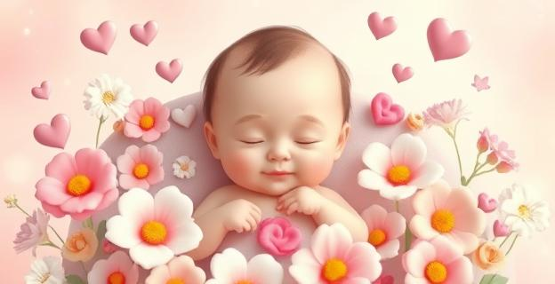 Ilustración de un bebé rodeado de flores y corazones, simbolizando el amor y la ternura, con un fondo suave y pastel que evoca sentimientos cálidos y positivos.