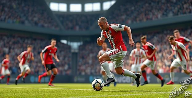 Un jugador de fútbol en un campo de juego con un balón, rodeado de jugadores rivales. Detrás, una multitud de aficionados en las gradas.