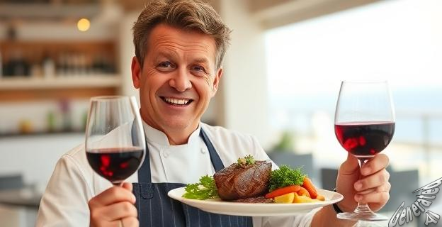 Gordon Ramsay sonriendo mientras sostiene un plato de carne gallega en un restaurante de Ibiza con un ambiente festivo.