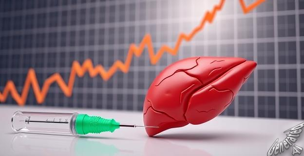 Una gráfica de bolsa con acciones subiendo, junto a una ilustración de una inyección y un hígado sano.