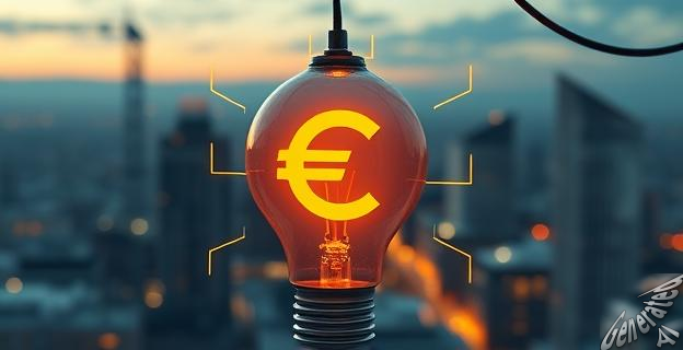 Una imagen de una bombilla eléctrica con un símbolo de euro en el centro, rodeada de gráficos de electricidad y una ciudad al fondo con luces apagadas.