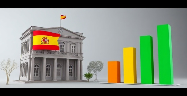 Imagen de un edificio gubernamental español con una bandera de España y otra del Banco Africano de Desarrollo, junto a un gráfico de barras mostrando una inversión creciente.