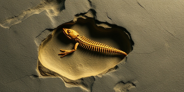 Una ilustración conceptual y detallada de un fósil pequeño de un vertebrado primitivo incrustado en una roca de esquisto gris, resaltando la estructura ósea minúscula y un saco vitelino fósil, con un fondo que evoque el pantano del periodo Carbonífero en tonos sepia y verdes oscuros, estilo enciclopedia científica antigua.