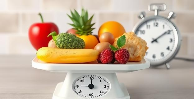 Imagen de una balanza de cocina con diferentes alimentos saludables y un cronómetro al fondo, representando el control del tiempo de ingesta y la selección de alimentos nutritivos.