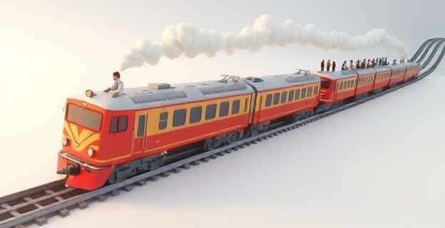 Una representación visual de un tren acelerando exponencialmente con personas de diferentes profesiones subiendo a él, simbolizando la adopción de la inteligencia artificial en diversas industrias.