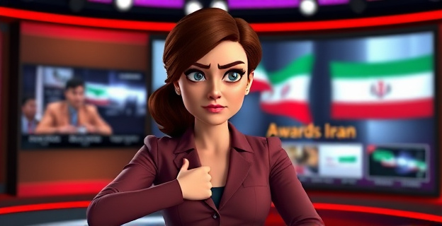 Una presentadora de televisión firme y decidida, con un gesto de desaprobación, en un plató de televisión con una pantalla detrás mostrando imágenes de Irán y los Premios Goya. La iluminación es intensa y el ambiente es tenso.