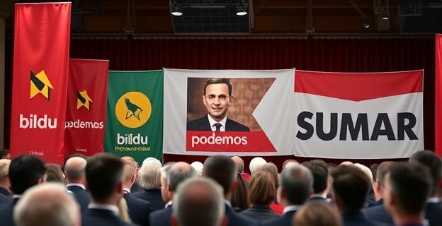 Imagen de un mitin político en el País Vasco con pancartas de Bildu, Podemos y Sumar. Al fondo, una foto de Manuel Blanco Chivite y Mikel Paredes Manot. El ambiente es de reunión política con asistentes escuchando atentamente.