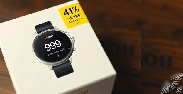 Un smartwatch Xiaomi Mi Watch en una caja de Amazon con un precio destacado de 99,99€ y un gran descuento del 41% sobre su precio original de 169€. El reloj tiene una pantalla AMOLED y varios sensores en su parte inferior.