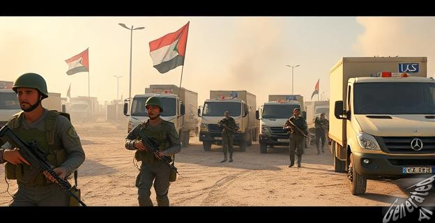 Imagen de una zona de conflicto con soldados israelíes retirándose de la Franja de Gaza mientras se ven camiones de ayuda humanitaria en el fondo