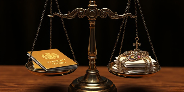 Una balanza de la justicia con un pasaporte dorado en un plato y un montón de papeles y joyas en el otro. Estilo pictórico realista, con tonos oscuros y dramáticos. La balanza ligeramente inclinada hacia el pasaporte.