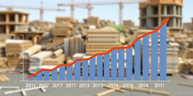 Una gráfica que muestra el aumento del coste de las materias primas en la construcción en España, con un fondo de obras paralizadas y materiales de construcción apilados