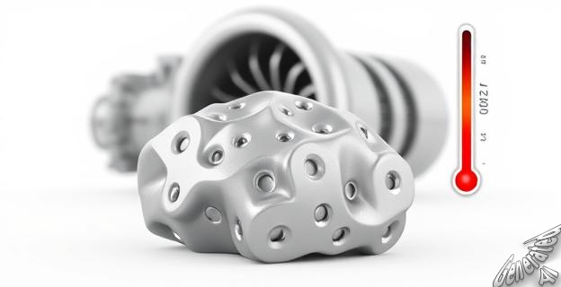 Ilustración de un material metálico con una estructura compleja, con una turbina de fondo y un termómetro que marca 1.027 °C