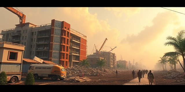Una imagen de una zona devastada por la dana, con edificios derrumbados y árboles caídos, y un grupo de personas trabajando en la reconstrucción
