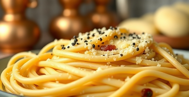 Una escena culinaria detallada con un plato de pasta carbonara perfectamente cremoso, destacando la salsa sedosa que envuelve los espaguetis. El guanciale está crujiente y dorado, el queso pecorino romano recién rallado adorna la superficie junto a granos de pimienta negra. La iluminación es cálida y resalta la textura de cada ingrediente, con un fondo desenfocado que sugiere una cocina tradicional italiana sin personas. Utensilios de cocina de cobre se ven borrosos en el fondo.