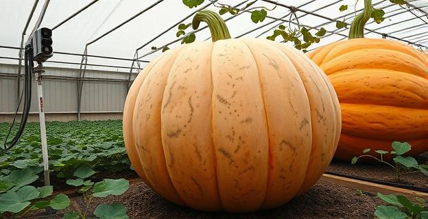 Imagen de una enorme calabaza en un invernadero con sistema de calefacción y riego controlado, junto a otros productos hortícolas gigantes en una exposición al aire libre.