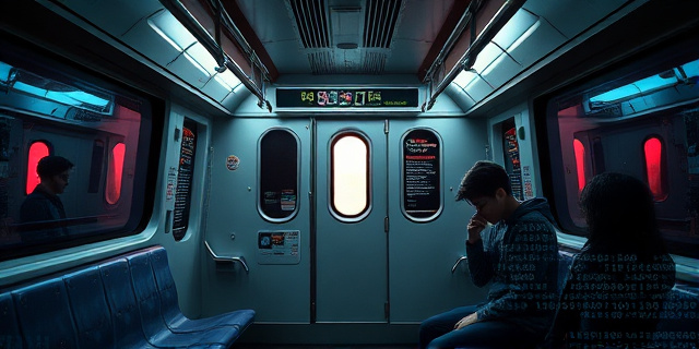 Imagen conceptual que representa un vagón de metro con publicidad distorsionada y glitchada, mostrando fragmentos de código binario y siluetas de adolescentes con expresiones de angustia. Predominan los tonos oscuros y grises, con destellos de rojo y azul neón que simbolizan la frialdad de la tecnología y el dolor emocional. Estilo cyberpunk, con elementos de arte callejero y carteles intervenidos.