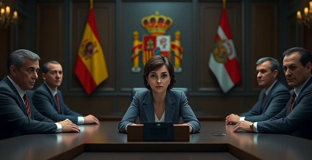Una escena tensa en el Senado español, con Susana Sumelzo sentada en una mesa de comisión de investigación, rodeada de senadores con expresiones serias. Al fondo, el escudo de España y banderas autonómicas. La iluminación es formal, con tonos neutros que resaltan la seriedad del momento.