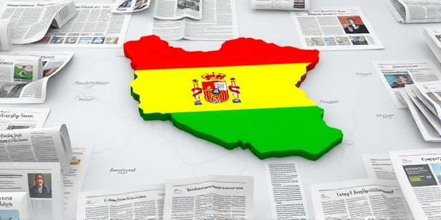 Un mapa de Irán con una bandera española en el centro, rodeada de noticias y titulares de periódicos