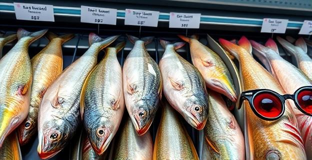 Imagen de un supermercado con varios pescados en oferta, algunos etiquetados como 