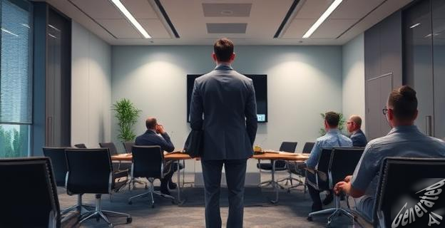 Una persona llegando tarde a una reunión mientras los demás esperan en una sala de conferencias