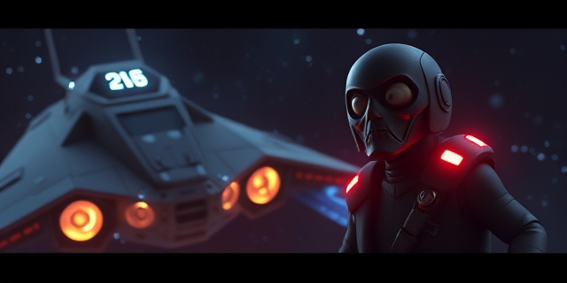 Una nave espacial con luces parpadeantes, un personaje con traje negro y máscara que habla con voz distorsionada, escenario de una batalla épica en la galaxia