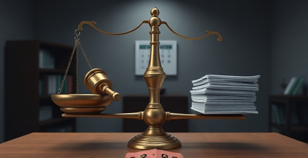 Una balanza de la justicia desequilibrada, con un mazo judicial en un platillo y una pila de documentos legales en el otro, en un entorno de oficina sombrío y vacío, con un calendario marcando una fecha futura. Sin presencia de personas.