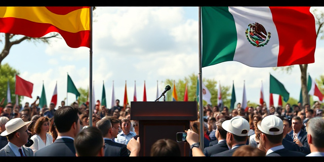 Una escena de un debate político al aire libre con un púlpito, banderas de España y México ondeando, y una multitud de periodistas y público reaccionando, sin rostros reconocibles, con un tono dramático y colores vivos.