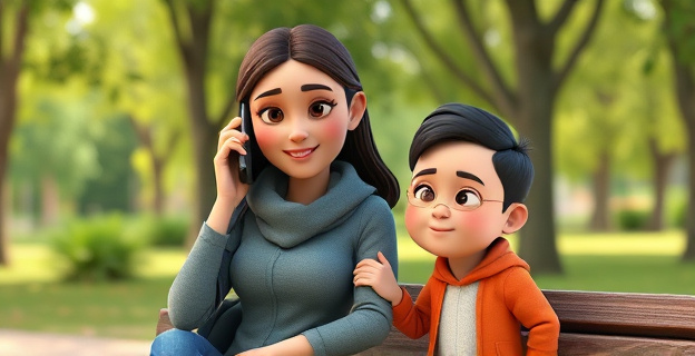 Una madre y su hijo pequeño en un parque, la madre hablando por teléfono mientras el niño pone su mano en el brazo de la madre, ambos con expresiones de calma y comprensión