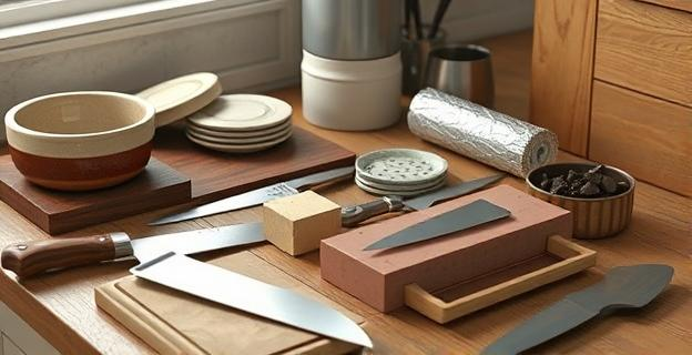 Imagen de una cocina con varios cuchillos y herramientas caseras para afilar como piedras de afilar, utensilios de cerámica y superficies metálicas. También se ve un rollo de papel de aluminio y un trozo de madera dura.