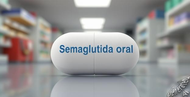 Una ilustración de una tableta de semaglutida oral con un fondo de un hospital o una farmacia en EE.UU.