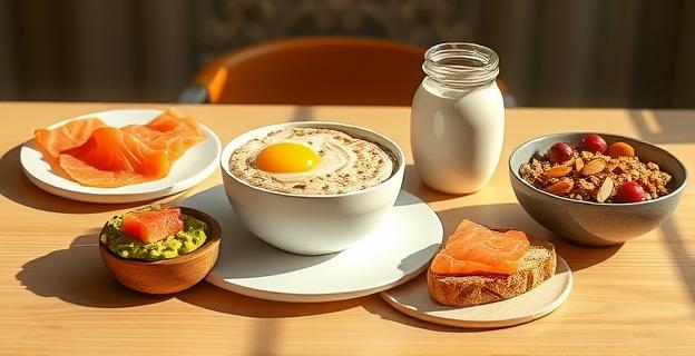 Un desayuno saludable con huevos, avena, yogur griego, tostada integral con aguacate y salmón ahumado, y tazón de quinoa con almendras y frutos rojos, todo sobre una mesa bien iluminada