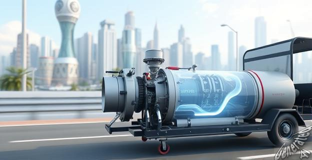 Ilustración de un vehículo en movimiento con un motor de nitrógeno líquido en el fondo, con una ciudad sostenible y limpia al fondo.