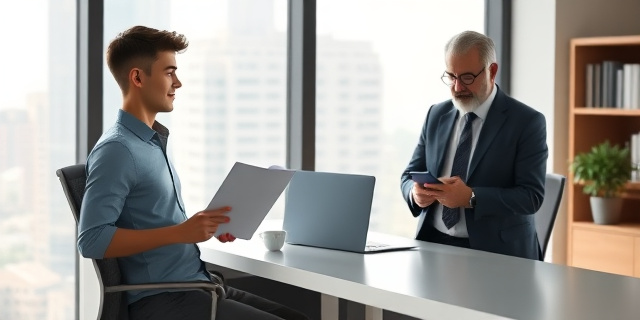 Un joven adulto de 23 años con una carpeta de CV en mano, sentado en una mesa de oficina moderna. A su lado, una figura masculina en traje casual, con un móvil en la mano, tomando notas. El ambiente es luminoso, con una ventana que da a la ciudad. No hay rostros de personas reales, solo siluetas y sombras que sugieren la presencia de un padre. El fondo incluye estanterías con libros y una planta de interior. La escena transmite la idea de apoyo familiar en un contexto laboral.