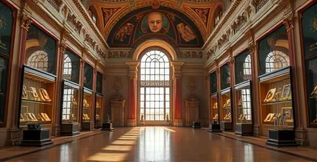 Sala del museo Louvre con joyas expuestas y una ventana rota en la galería de Apolo