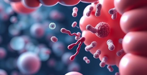 Imagen de un intestino con bacterias y microorganismos interactuando, con una representación visual de genes y microbios intercambiándose entre individuos que conviven en un mismo espacio.