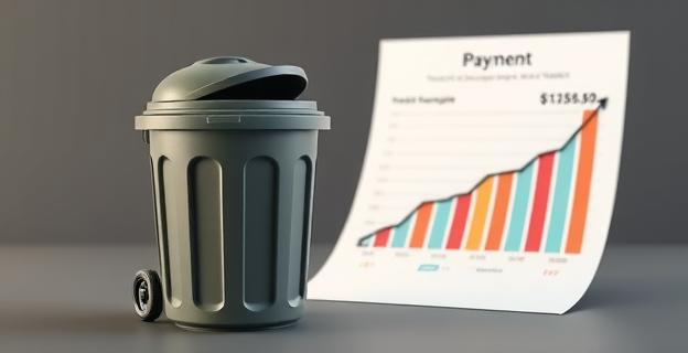 Imagen de un contenedor de basura con un recibo de pago en el fondo, con un gráfico de barras mostrando un aumento abrupto en el precio