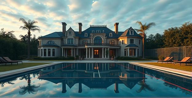 Una lujosa mansión con piscina y pista de tenis en una urbanización de lujo, rodeada de jardines y con un ambiente de misterio y opulencia