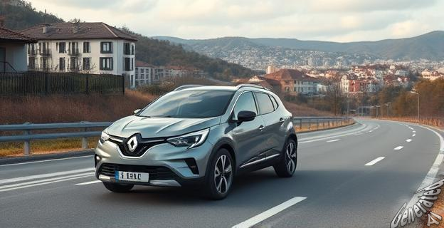 Un coche eléctrico Renault en una carretera europea con un paisaje urbano al fondo.